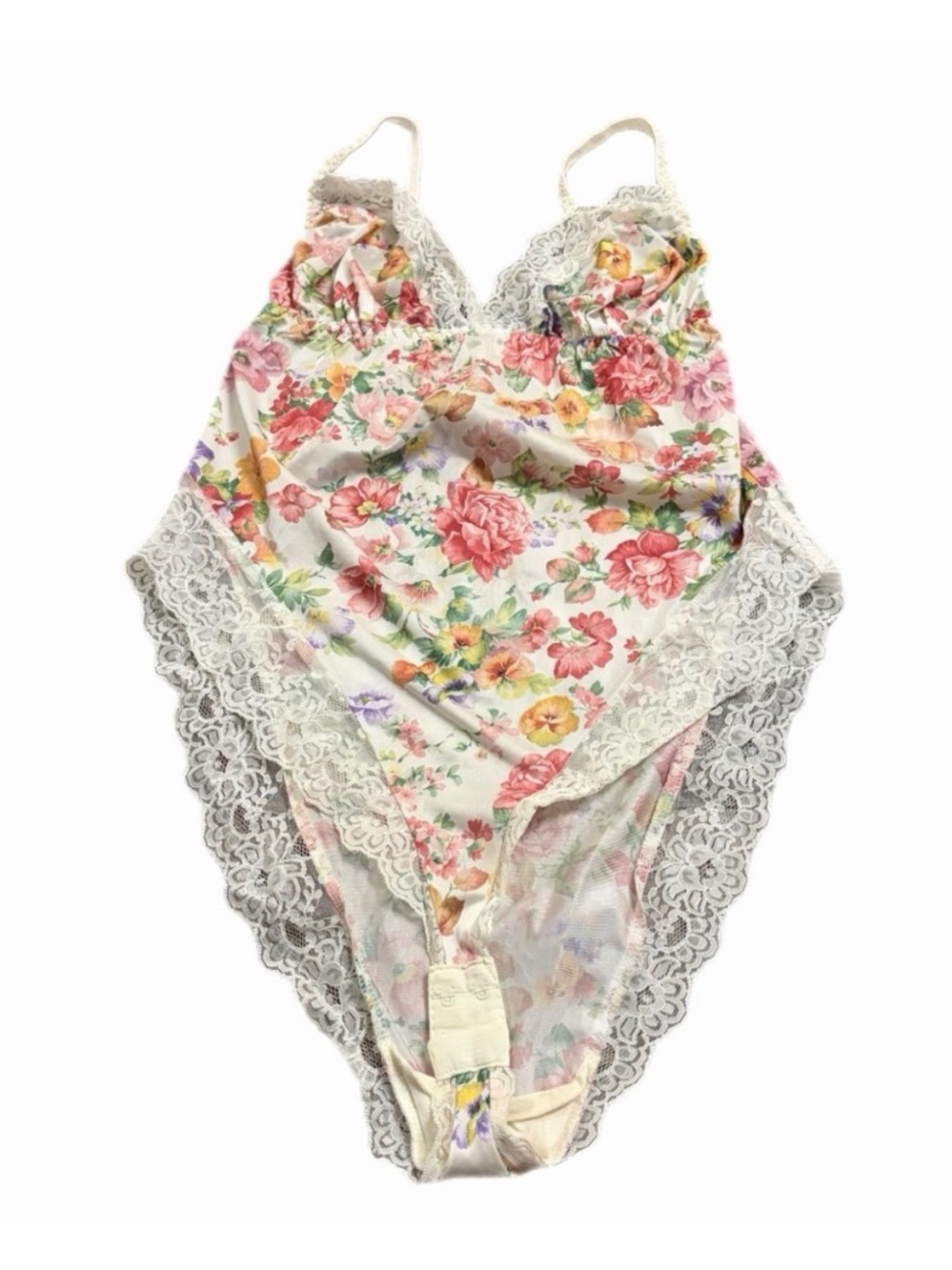 60s 70s European Vintage Escora Floral Lace Bodysuit Lingerie (White/Multi) S/M